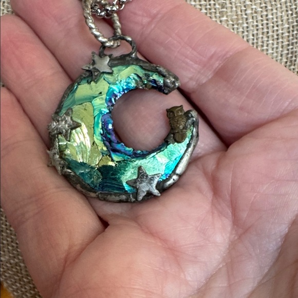 Mystical Silver and Blue Crescent Moon Pendant Necklace - Picture 2 of 4